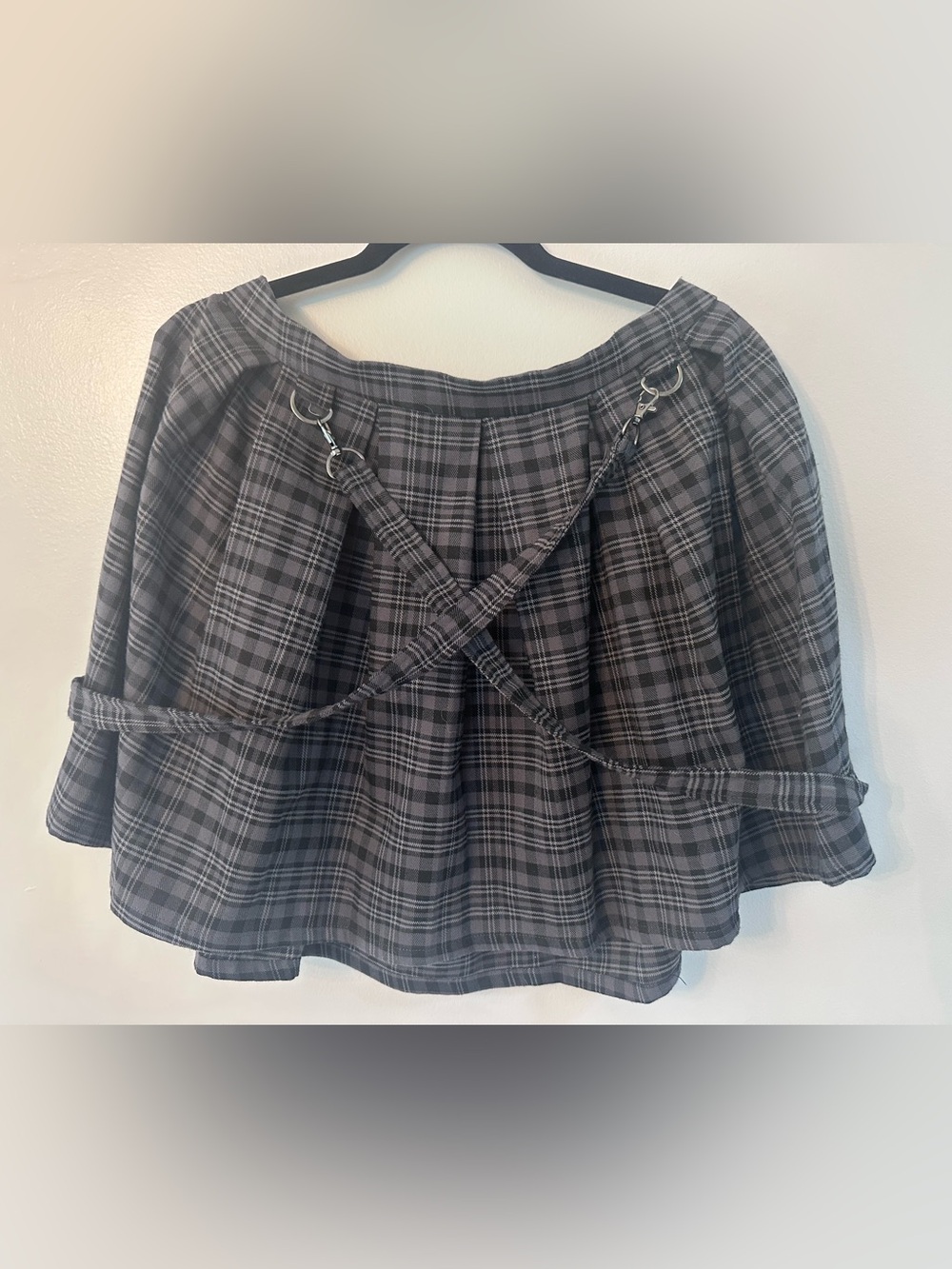 Hot Topic Edgy Gray Plaid Circle Skirt with Crisscross Suspender Straps Size L